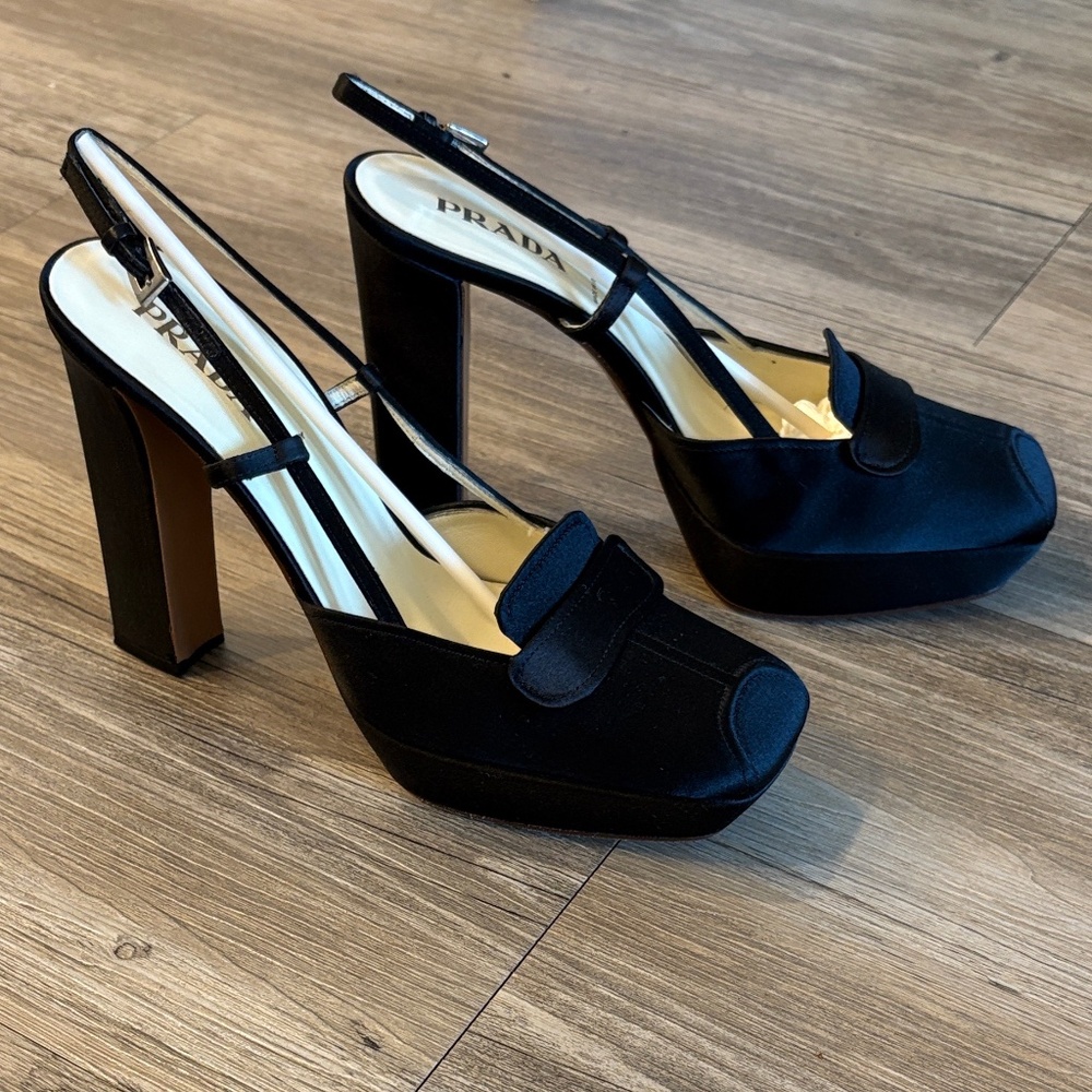 Prada AW02 Black Satin Platform Slingbacks 38.5